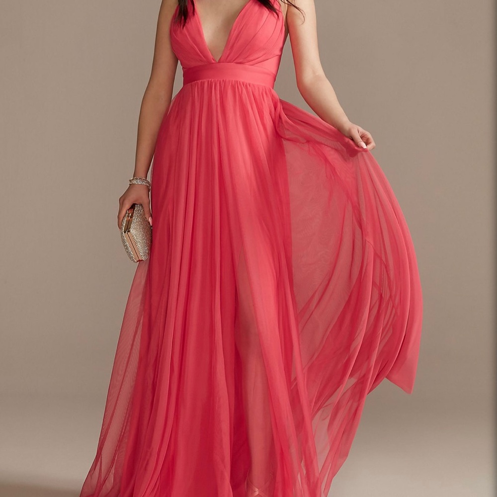 Plunging Neckline Tulle Open-Back A-Line Dress Emerald Sundae Melon 7